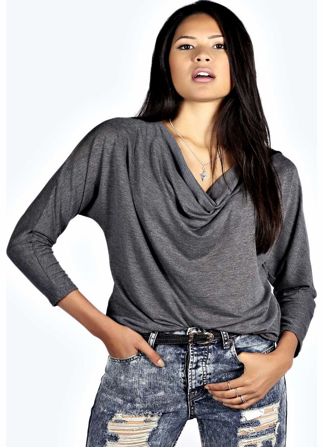 boohoo Evelyn Cowl Neck Long Sleeve Tee - charcoal