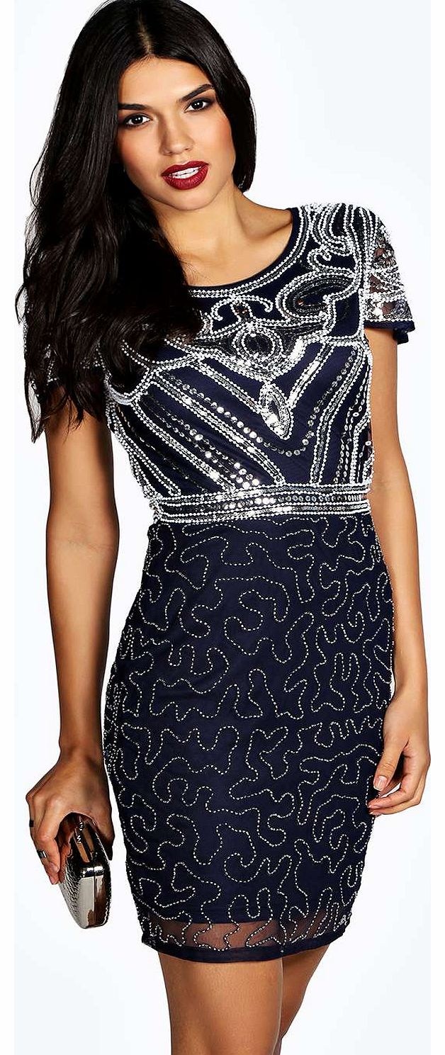 boohoo Evelyn Hand Beaded Shift Dress - navy azz18341
