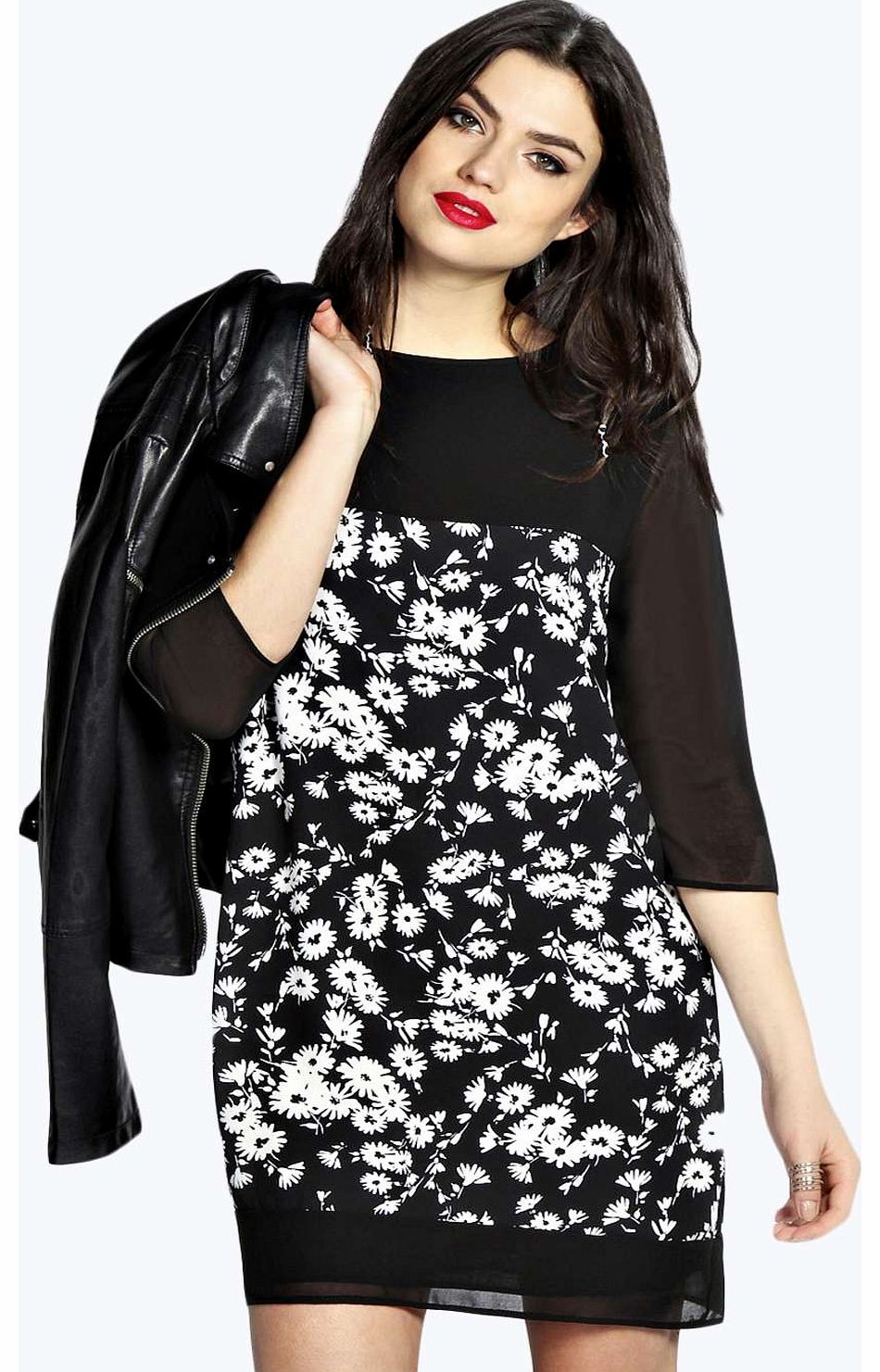 boohoo Felice Floral Panel Print Chiffon Shift Dress -