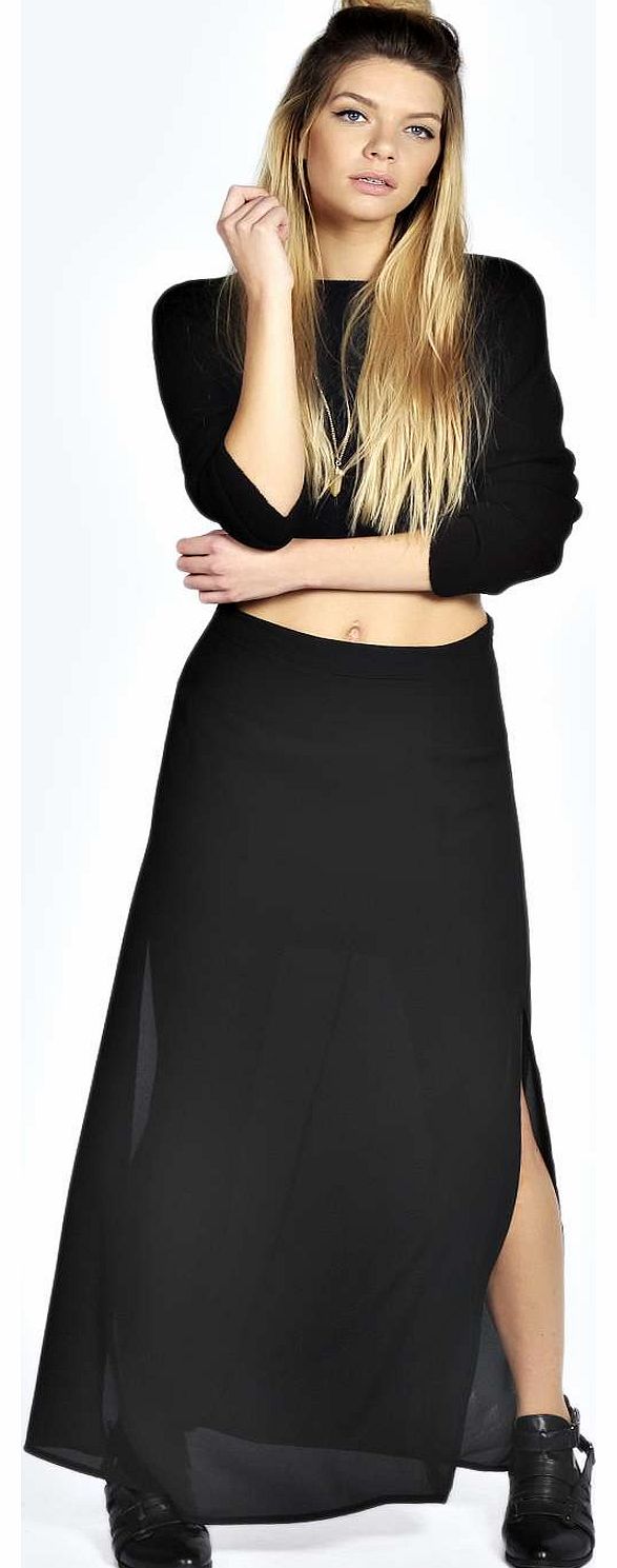 Felicia Side Slit Woven Maxi Skirt - black