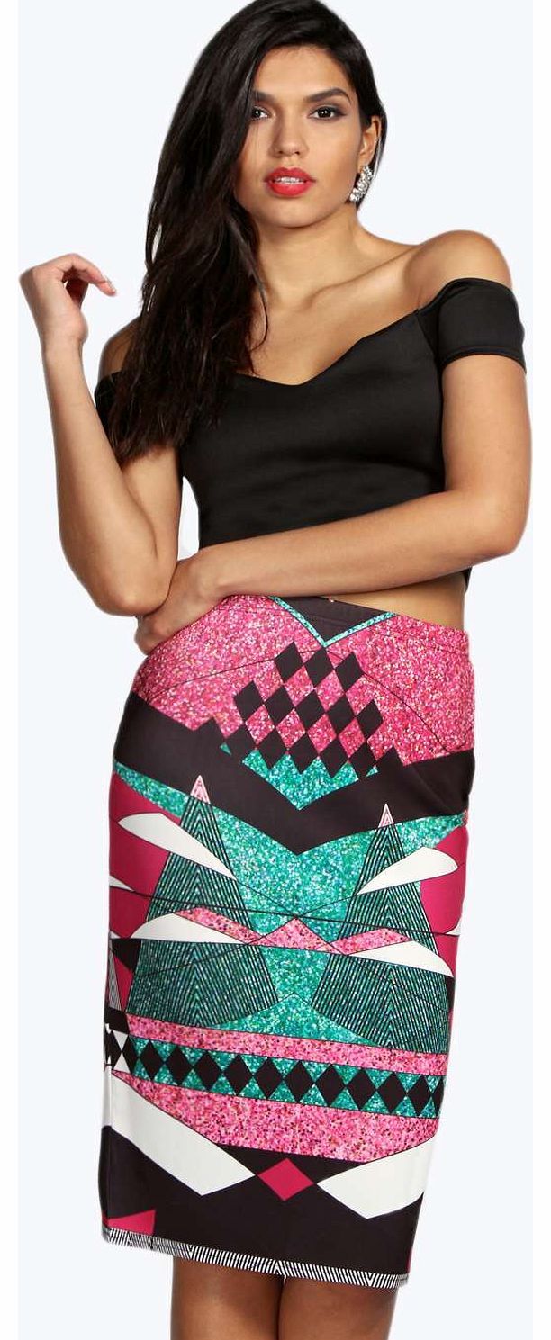 boohoo Fiona Geo Print Scuba Midi Skirt - plum azz16773