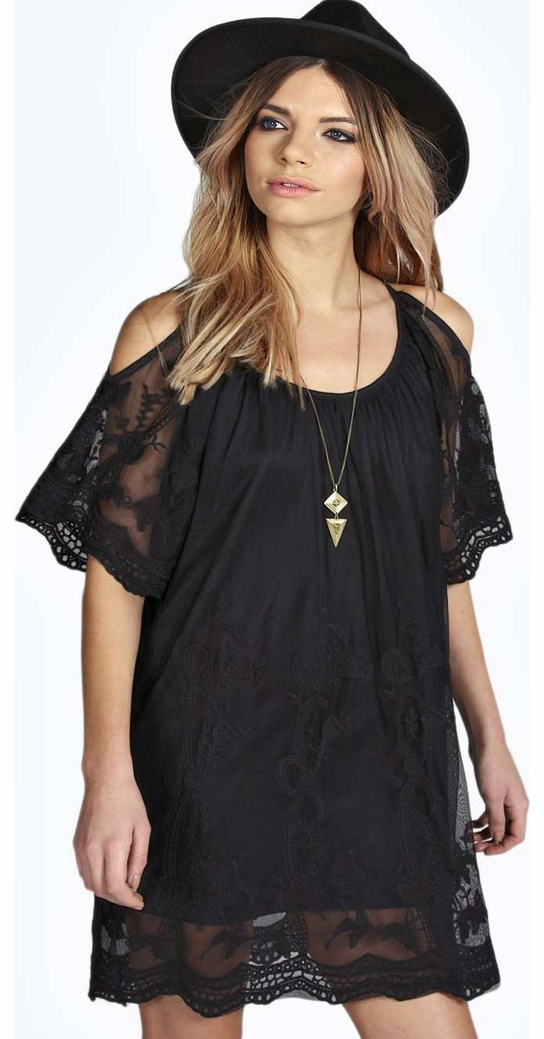 boohoo Fiona Open Shoulder Lace Woven Shift Dress -