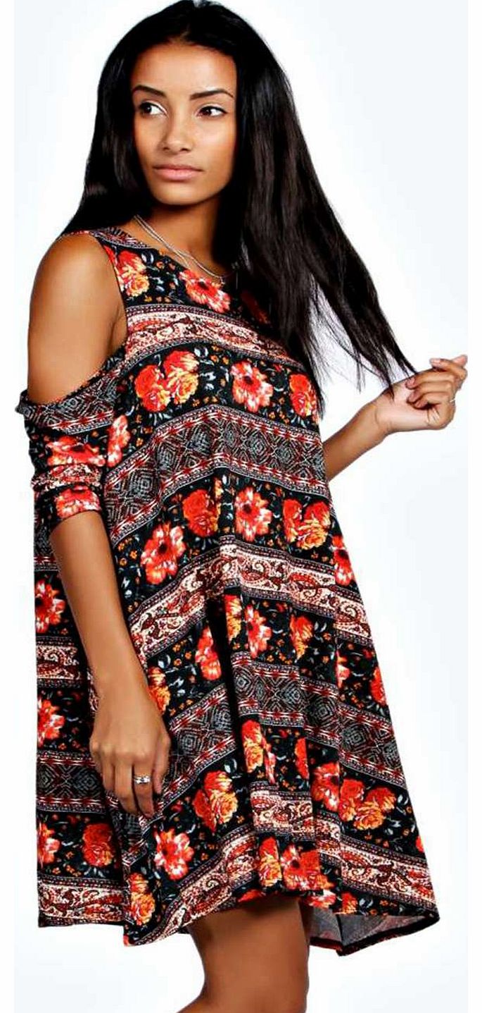 boohoo Frankie Printed Open Shoulder Swing Dress -