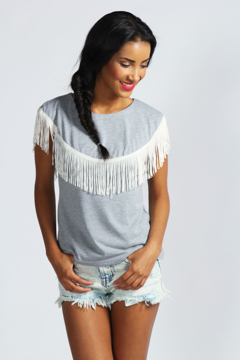 Freya Contrast Tassel T-Shirt - grey marl