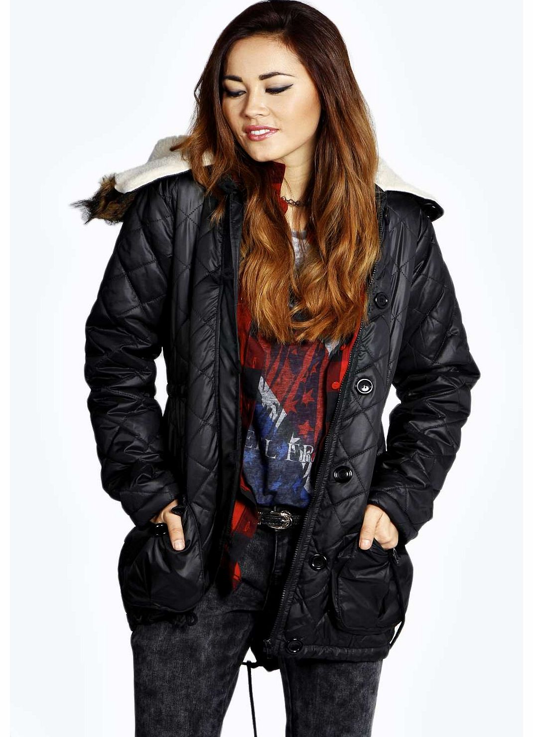 boohoo Freya Drawstring Padded Coat Sherpa Hood - black