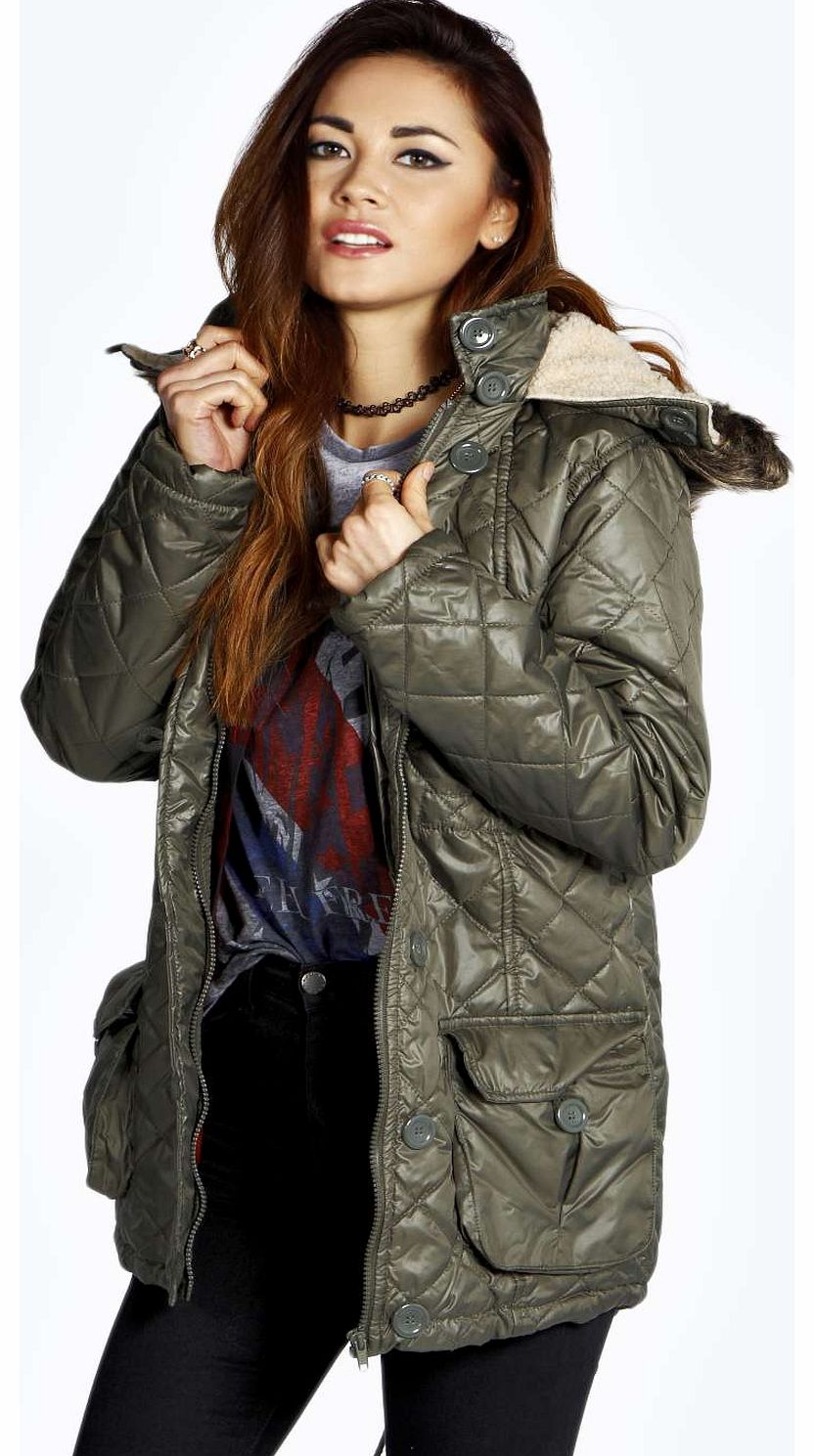 boohoo Freya Drawstring Padded Coat Sherpa Hood - khaki