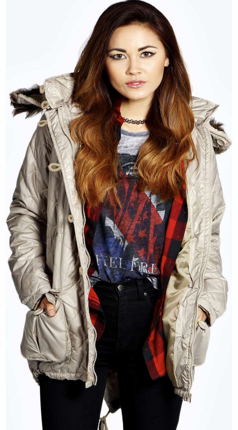 boohoo Freya Drawstring Padded Coat Sherpa Hood - stone
