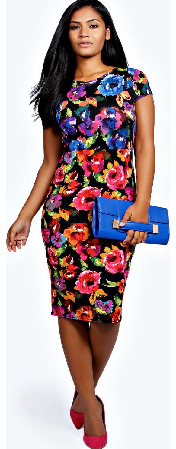boohoo Freya Mix Floral Print Cap Sleeve Midi Dress -