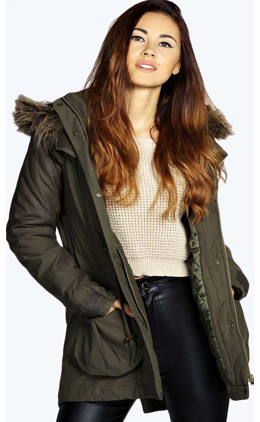 boohoo Freya Quilted Sleeve Fur Trim Hooded Parka -