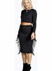 boohoo Fringe Side Detail Midi Bodycon Skirt - black