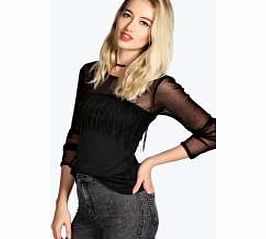 Fringed Detail Mesh Panel Bodycon Top - black