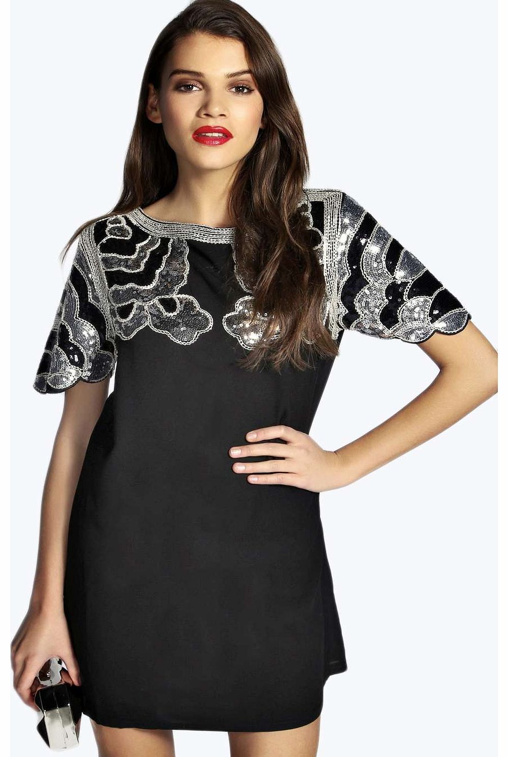 boohoo Gemma Sequin Shoulder and Sleeve Shift Dress -