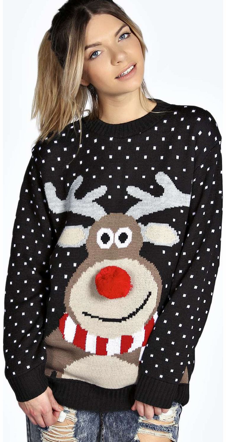 boohoo Gill Reindeer Pom Pom Jumper - black azz14839