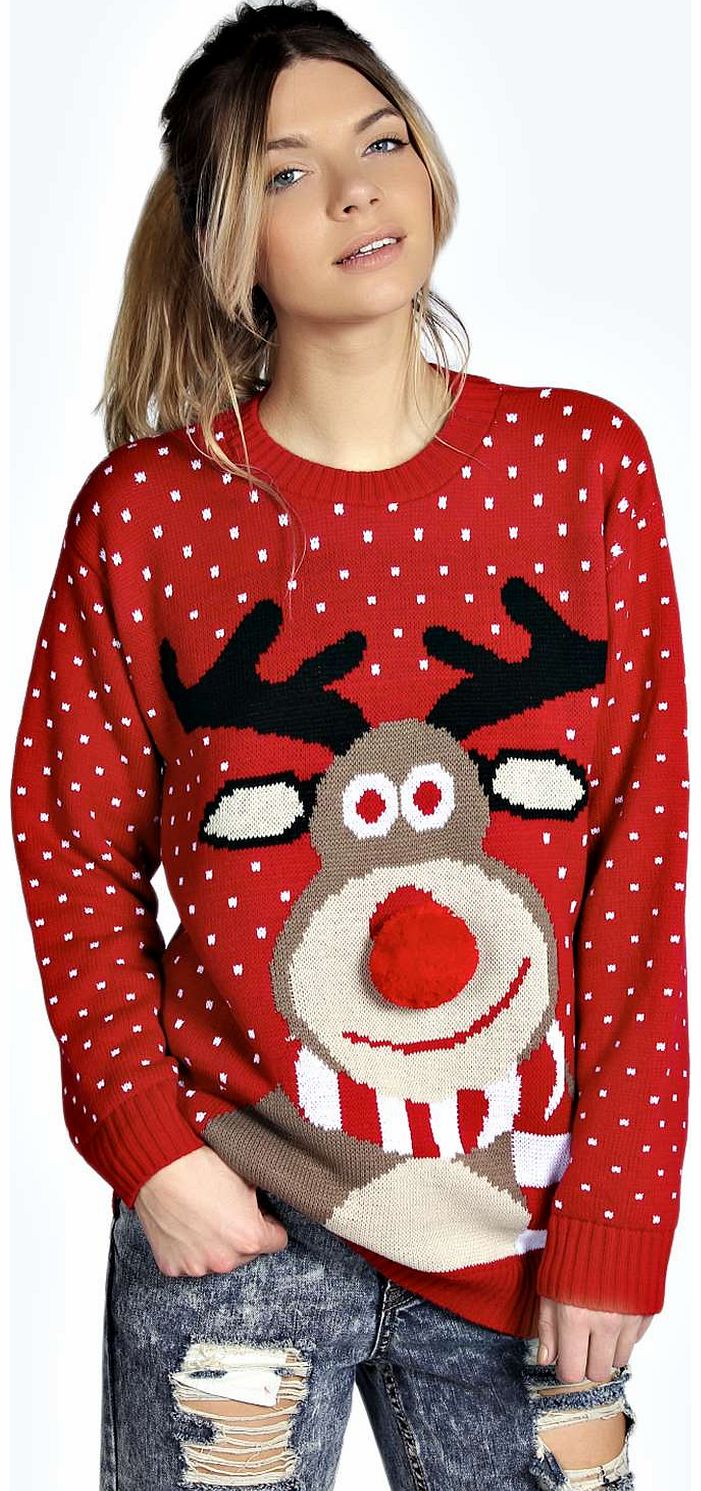 boohoo Gill Reindeer Pom Pom Jumper - red azz14839