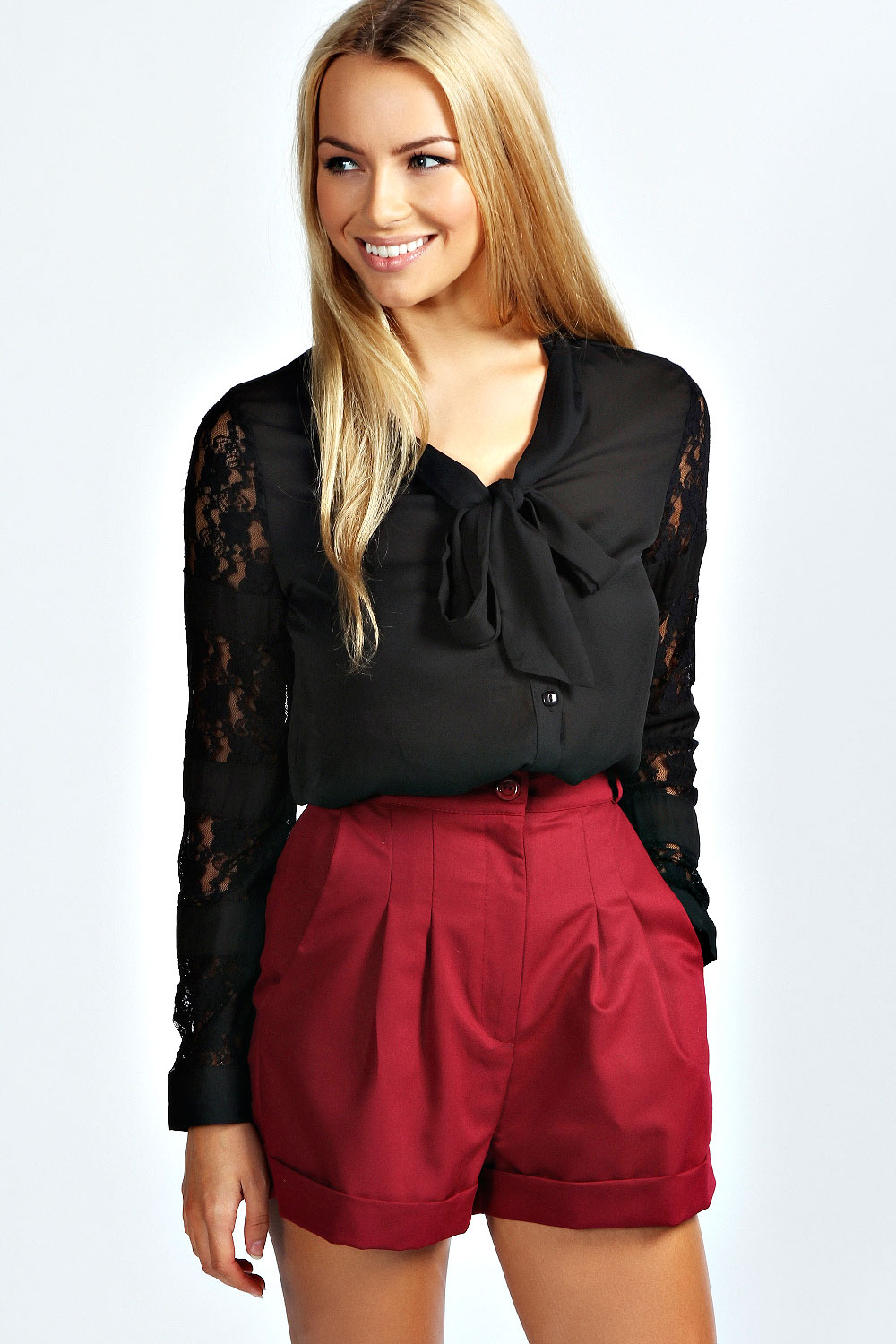 boohoo Grace Pussybow Blouse With Lace Insert -