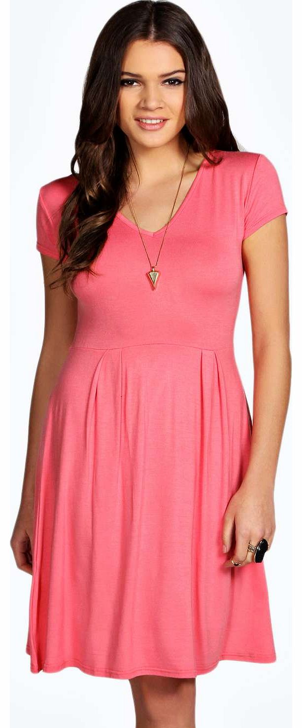 boohoo Grace V Neck Skater Dress - coral azz15481