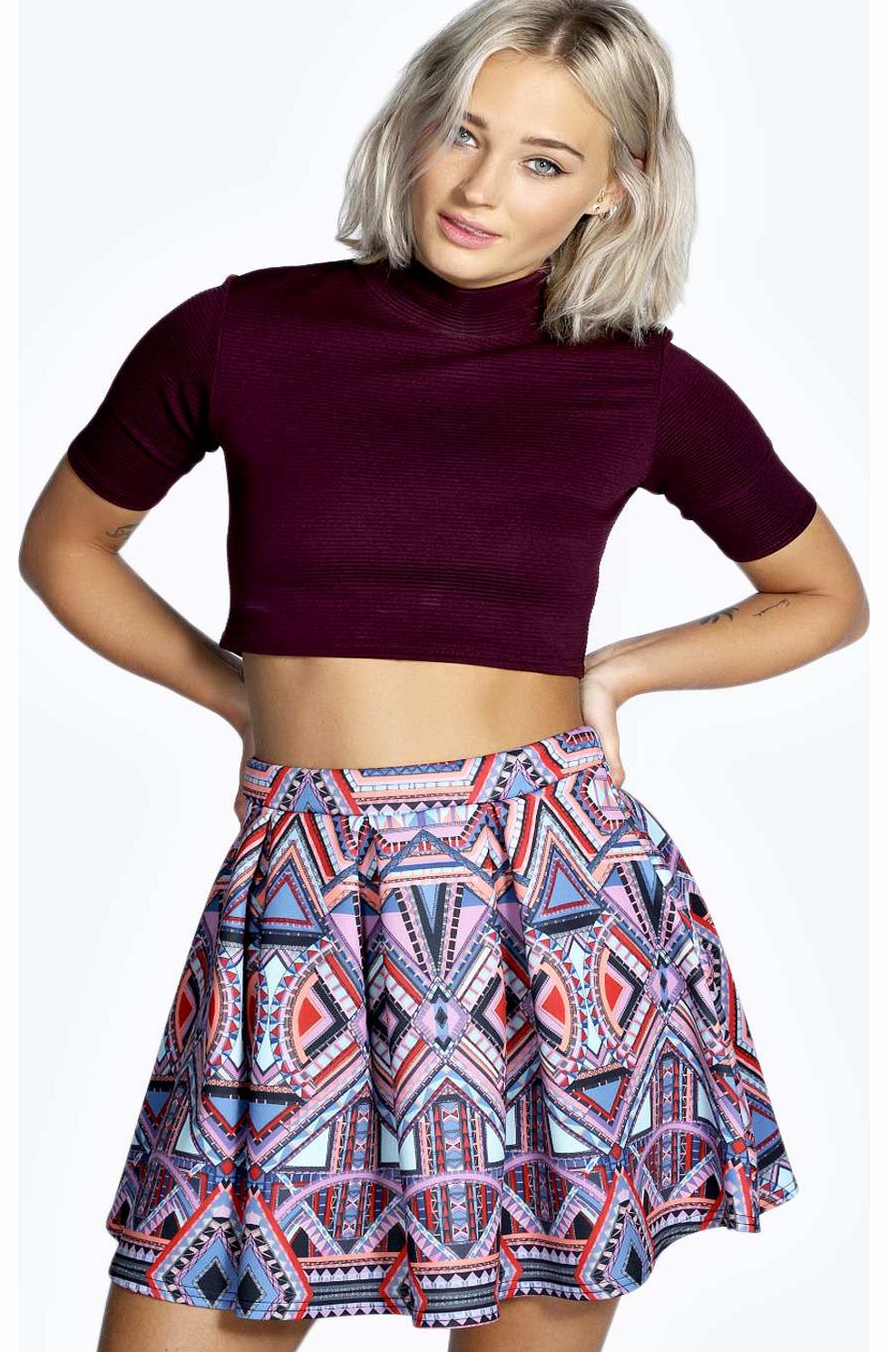 boohoo Hailey Geo Print Scuba Box Pleat Skater Skirt -