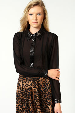 boohoo Hallie Sequin Trim Pin Tuck Blouse Female