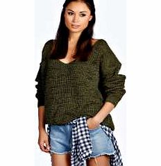boohoo Hannah Oversized V Neck Marl Knit Jumper - khaki