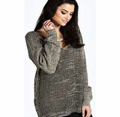 boohoo Hannah Oversized V Neck Marl Knit Jumper - stone