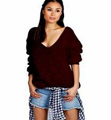 boohoo Hannah Oversized V Neck Marl Knit Jumper - wine