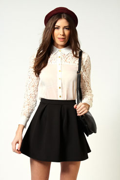 boohoo Harper Georgette and Lace Sleeve Fitted Blouse