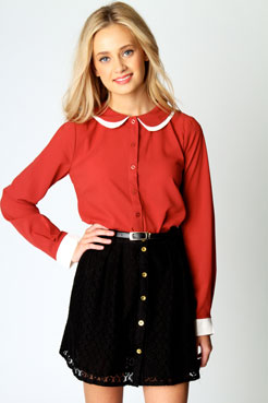 boohoo Hattie Double Collar Button Through Woven Blouse