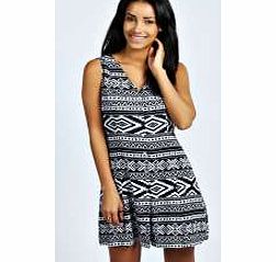 Hayley Aztec Button Front Flared Dress - black