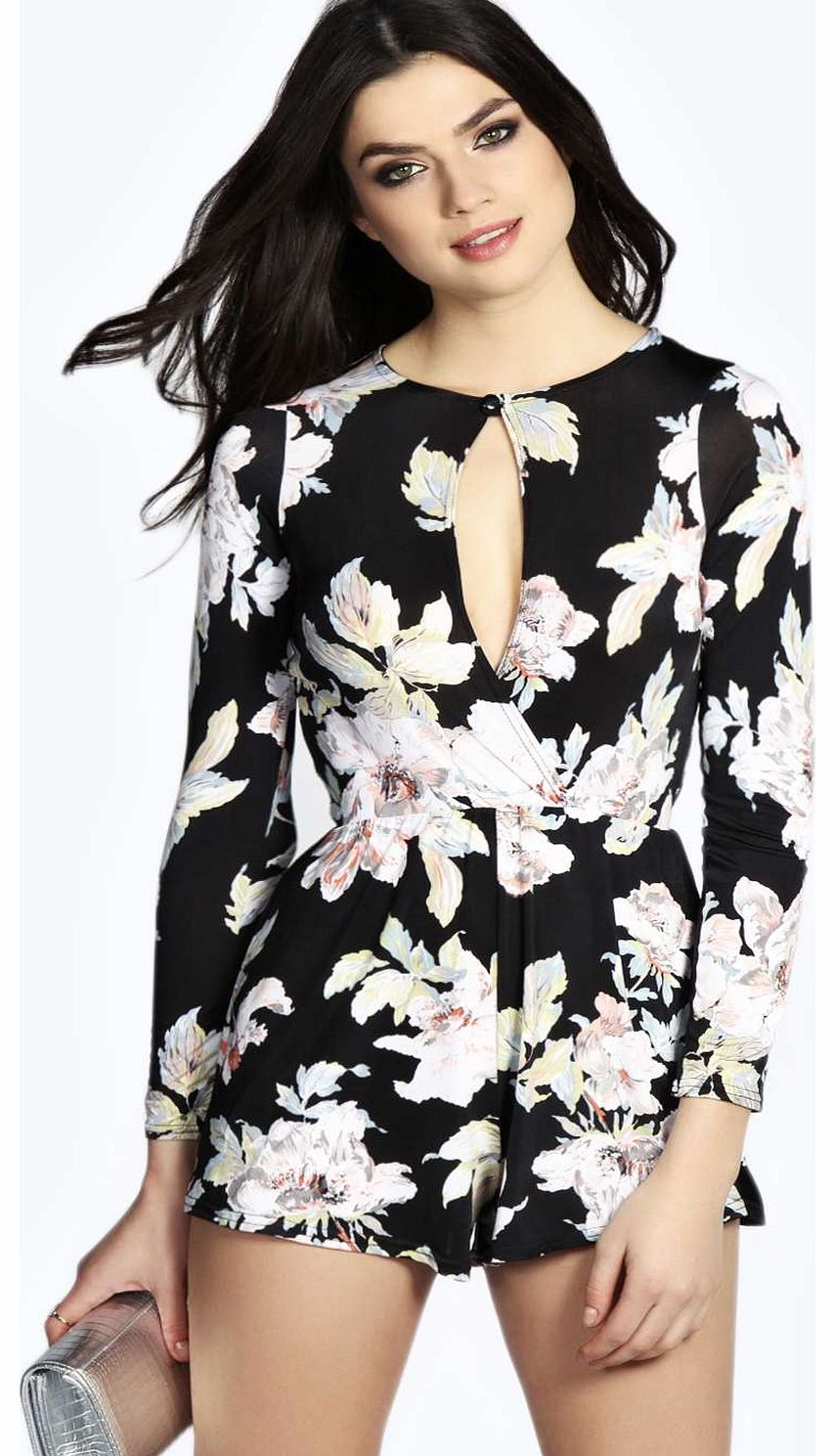 boohoo Hayley Long Sleeved Floral Print Playsuit -