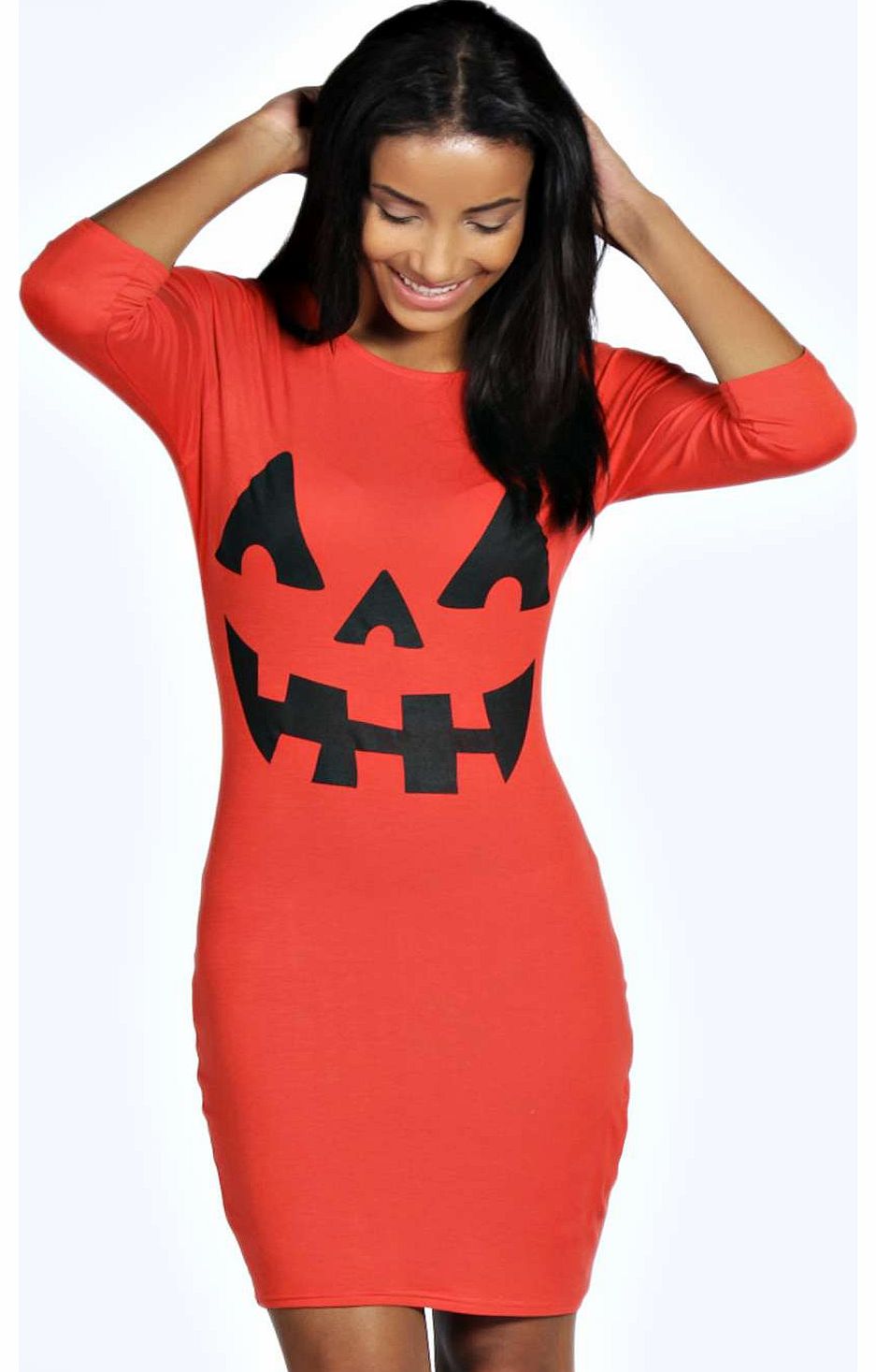 boohoo Hayley Pumpkin Print Halloween Bodycon Dress -
