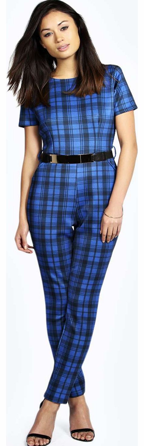 boohoo Hazel Checked Belted Jumpsuit - blue azz16078