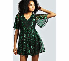 Hazel Contrast Crochet Lace Angel Sleeve Dress -