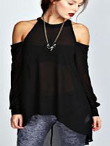 boohoo High Neck Cut Out Shoulder Blouse - black azz42134