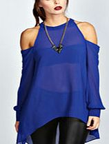 boohoo High Neck Cut Out Shoulder Blouse - cobalt