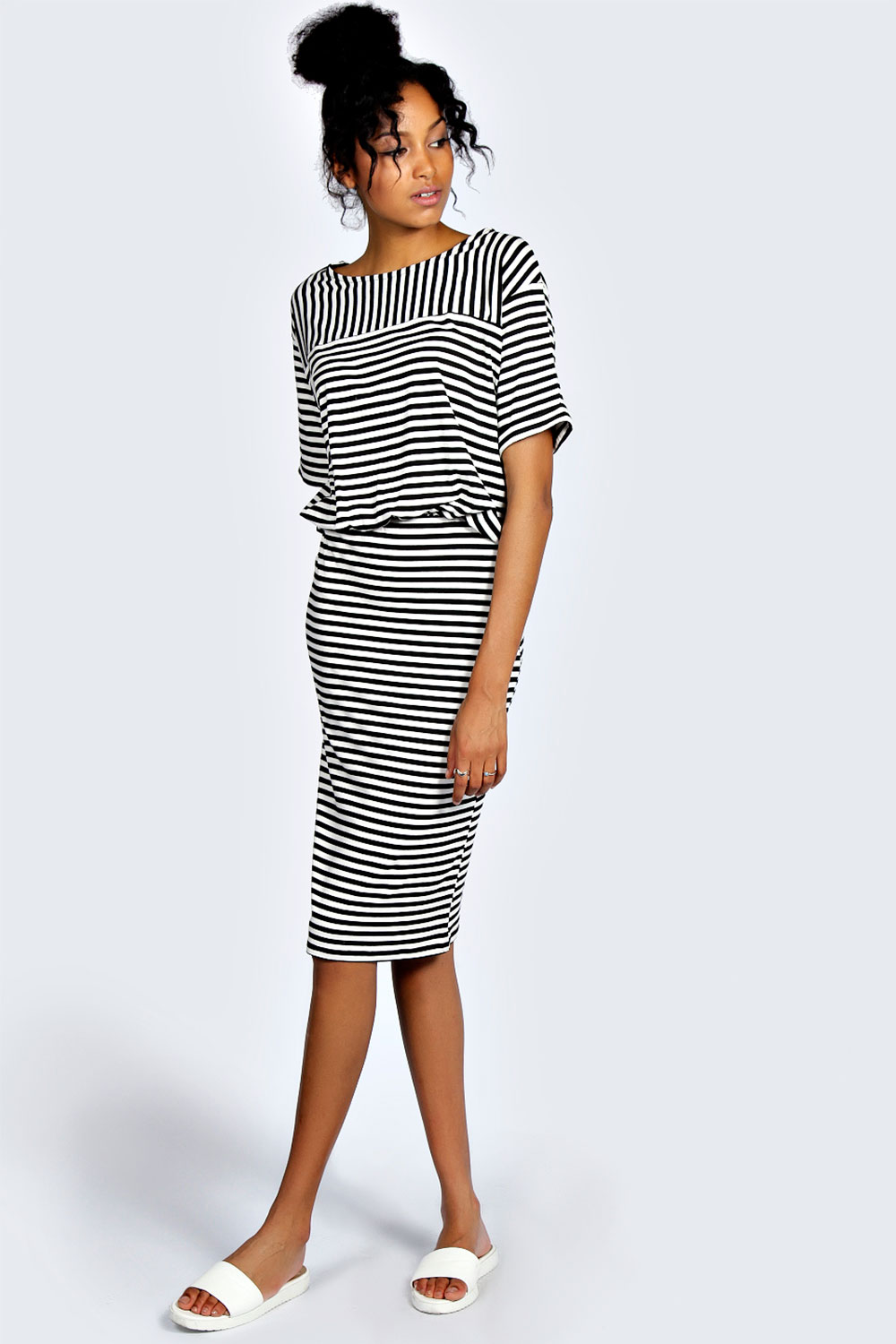 boohoo Hollie Stripe 2 in 1 Midi Dress - multi