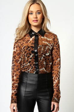 Holly Animal Chiffon Blouse With Sequin Collar