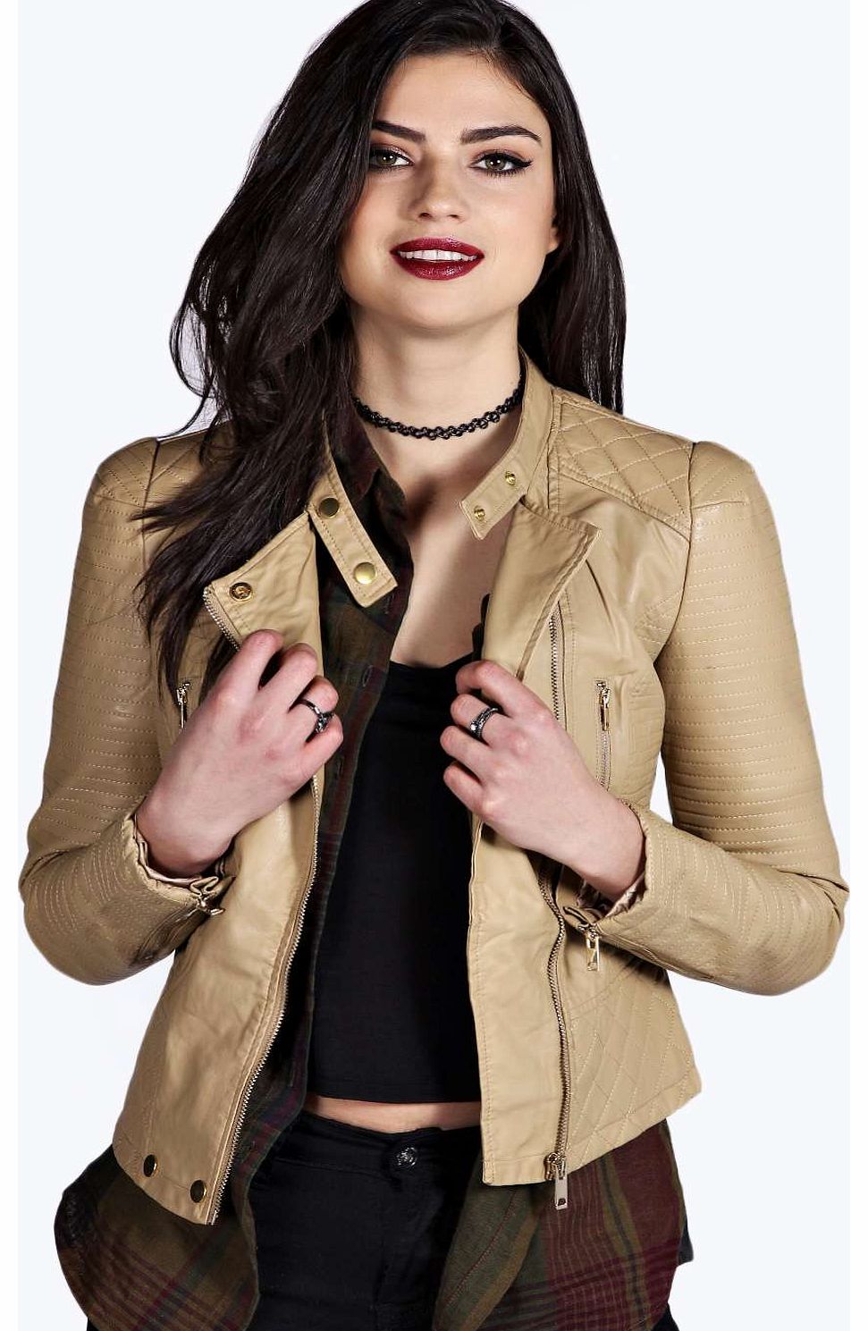 boohoo Holly Collarless Biker Jacket - stone azz14358