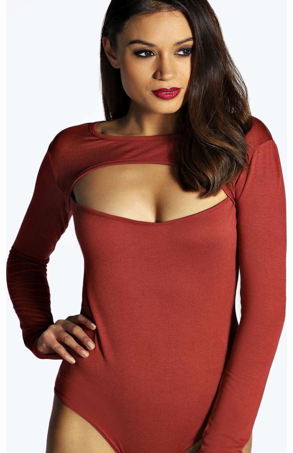 boohoo Holly Cut Out Front Long Sleeve Bodysuit -