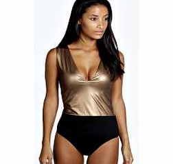 boohoo Holly Deep Plunge Metallic Bodysuit - gold