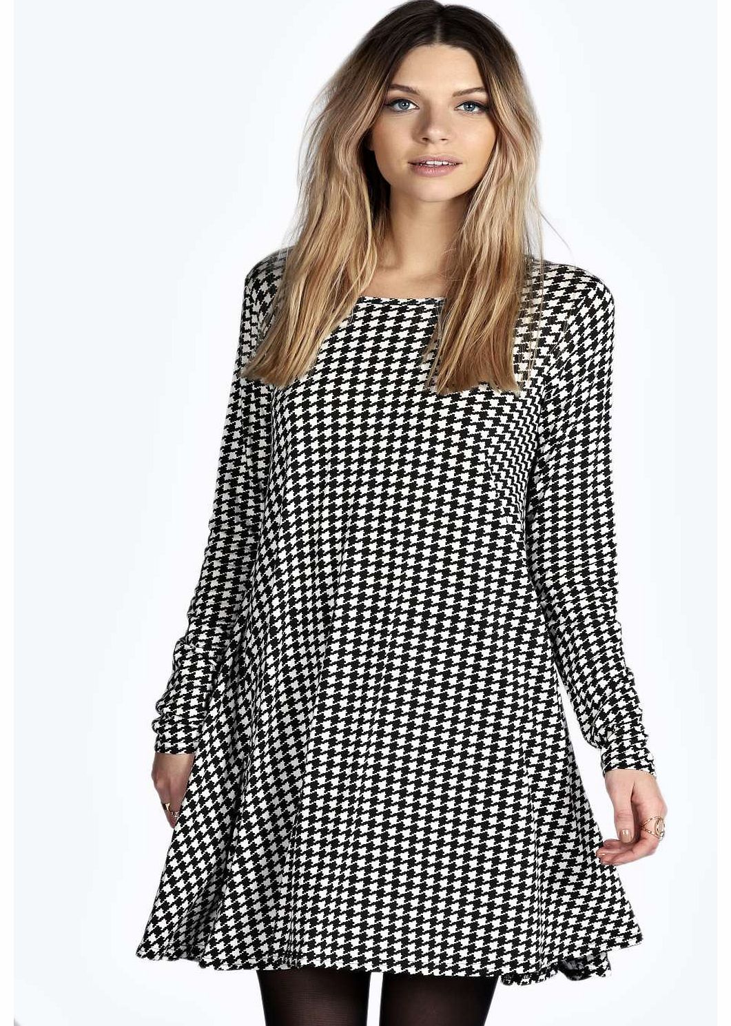 boohoo Holly Dogtooth Long Sleeve Swing Dress - multi