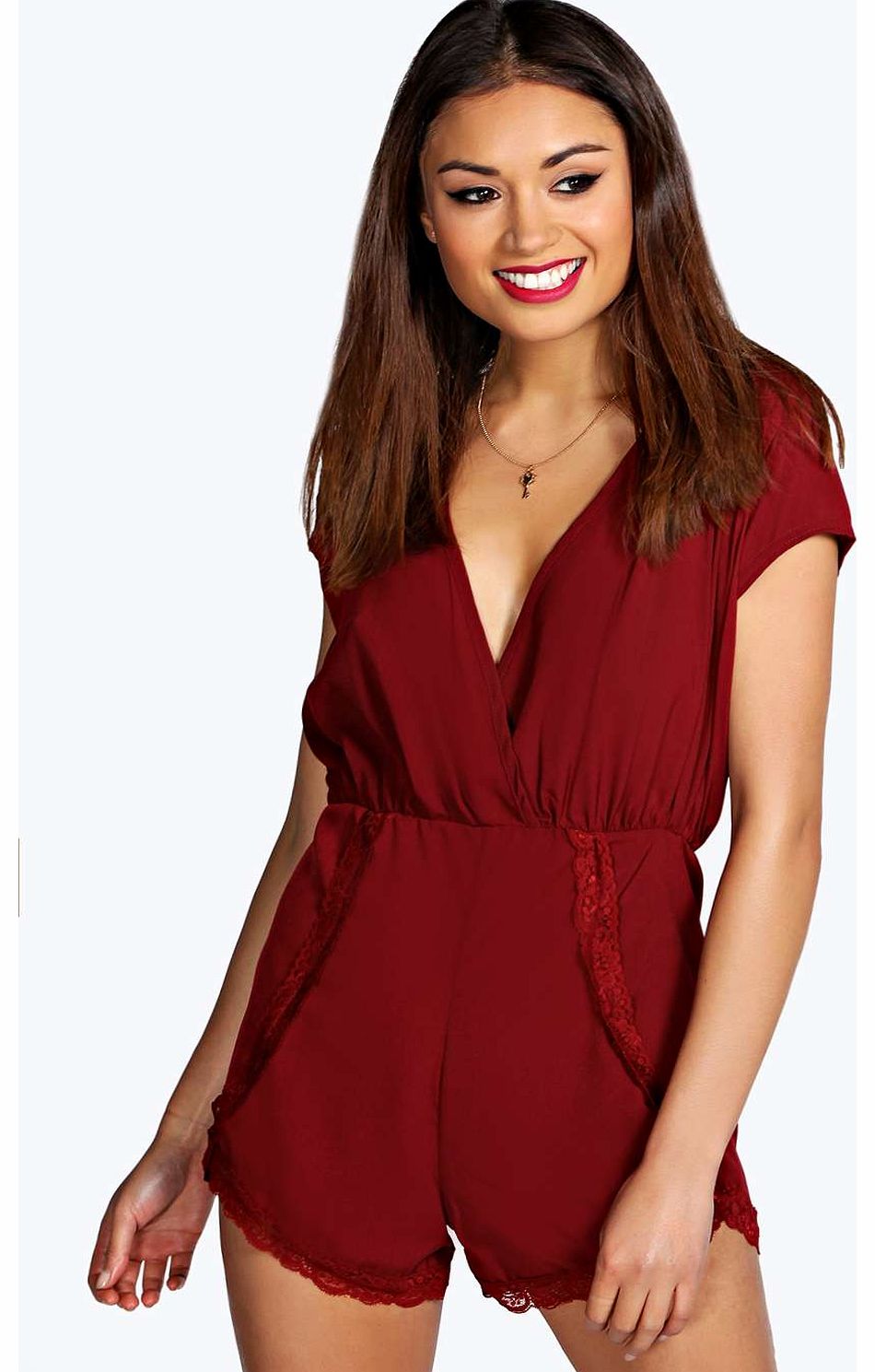 boohoo Holly Lace Trim Chiffon Playsuit - berry azz16929