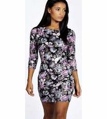 boohoo Hope Floral Printed 3/4 Sleeve Bodycon Dress -