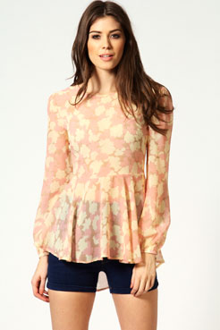 boohoo Idalyn Long Sleeve Floral Dip Full Blouse Female