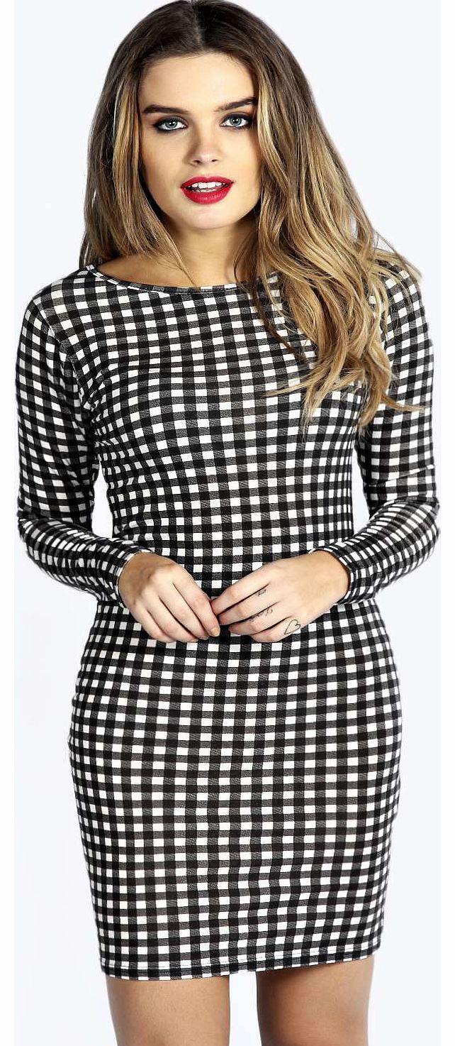 boohoo Iggy Gingham Long Sleeve Bodycon Dress - ivory