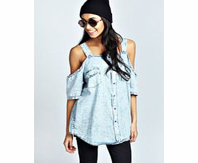 boohoo India Acid Wash Open Shoulder Blouse - blue