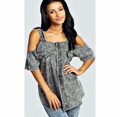 boohoo India Acid Wash Open Shoulder Blouse - grey