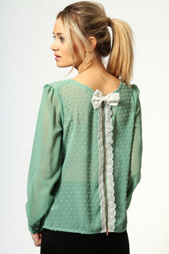 boohoo Iris Chiffon Spot Blouse With Lace And Bow Back