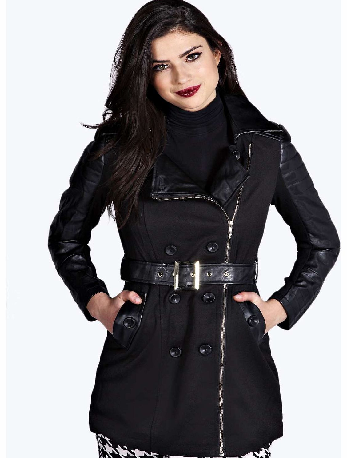 boohoo Isabel Belted Faux Leather Sleeve Jacket - black