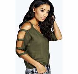 boohoo Isabelle Ladder Sleeve Crop Blouse - khaki