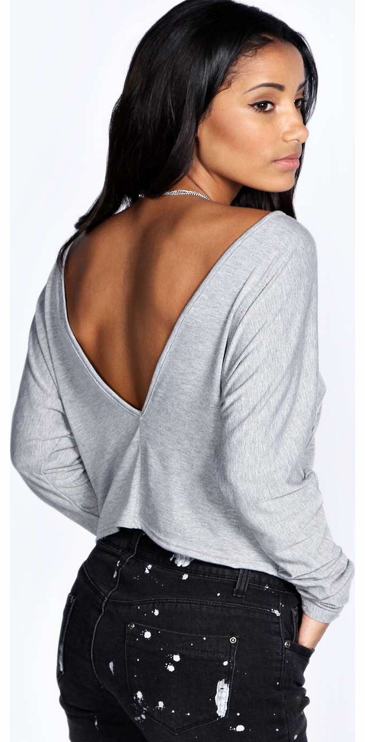 boohoo Isabelle Plunge Back Long Sleeve Top - grey